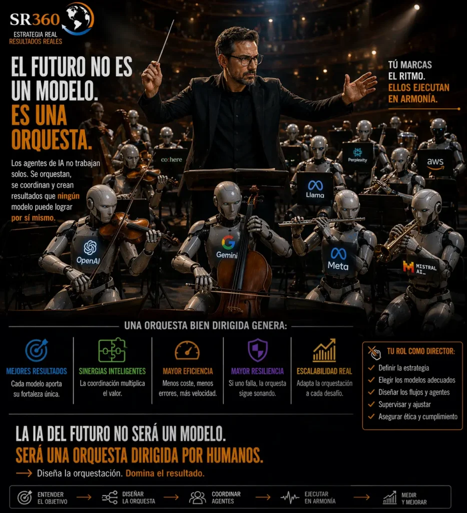 Ilustración conceptual de un director de orquesta como metáfora de la orquestación multimodelo en IA: agentes, routing, RAG y arquitectura de sistemas.