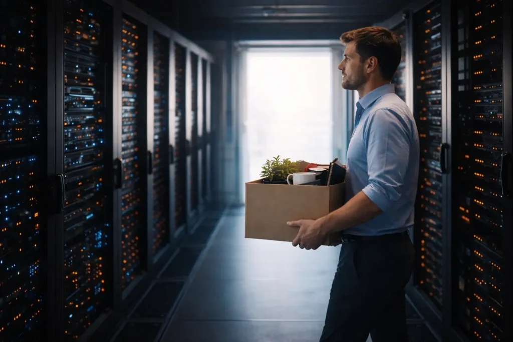 Profesional saliendo de un centro de datos con una caja personal, representando el cambio del modelo empresarial de personas a infraestructura tecnológica