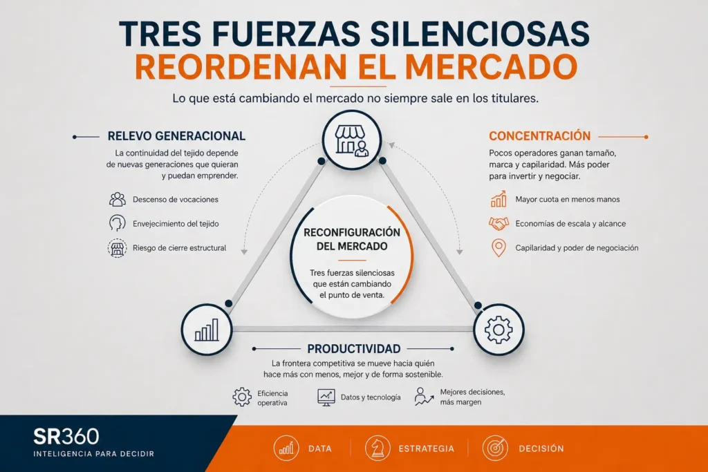 Infografía sobre relevo generacional, concentración y productividad como fuerzas silenciosas que están reordenando retail y hostelería en España.