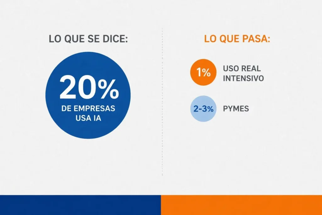 Comparativa entre percepción y uso real de la inteligencia artificial en empresas españolas: alrededor del 20% declara usar IA, pero solo un 1% tiene uso intensivo y entre un 2% y 3% de pymes la utilizan de forma real.