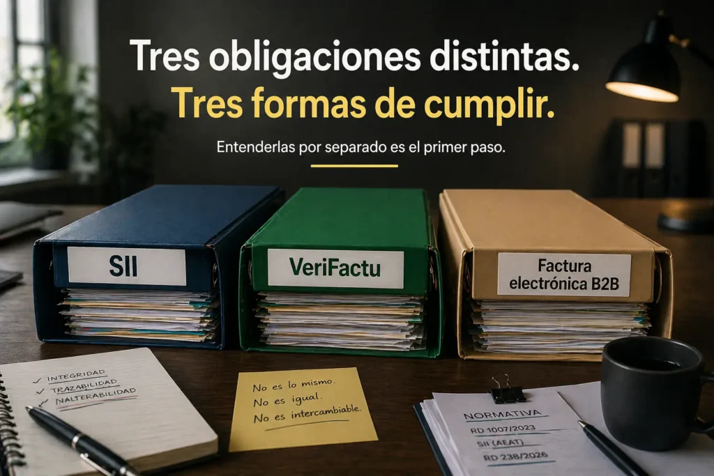 Diagrama conceptual que diferencia las tres capas regulatorias españolas: VeriFactu, SII y factura electrónica B2B como obligaciones distintas.