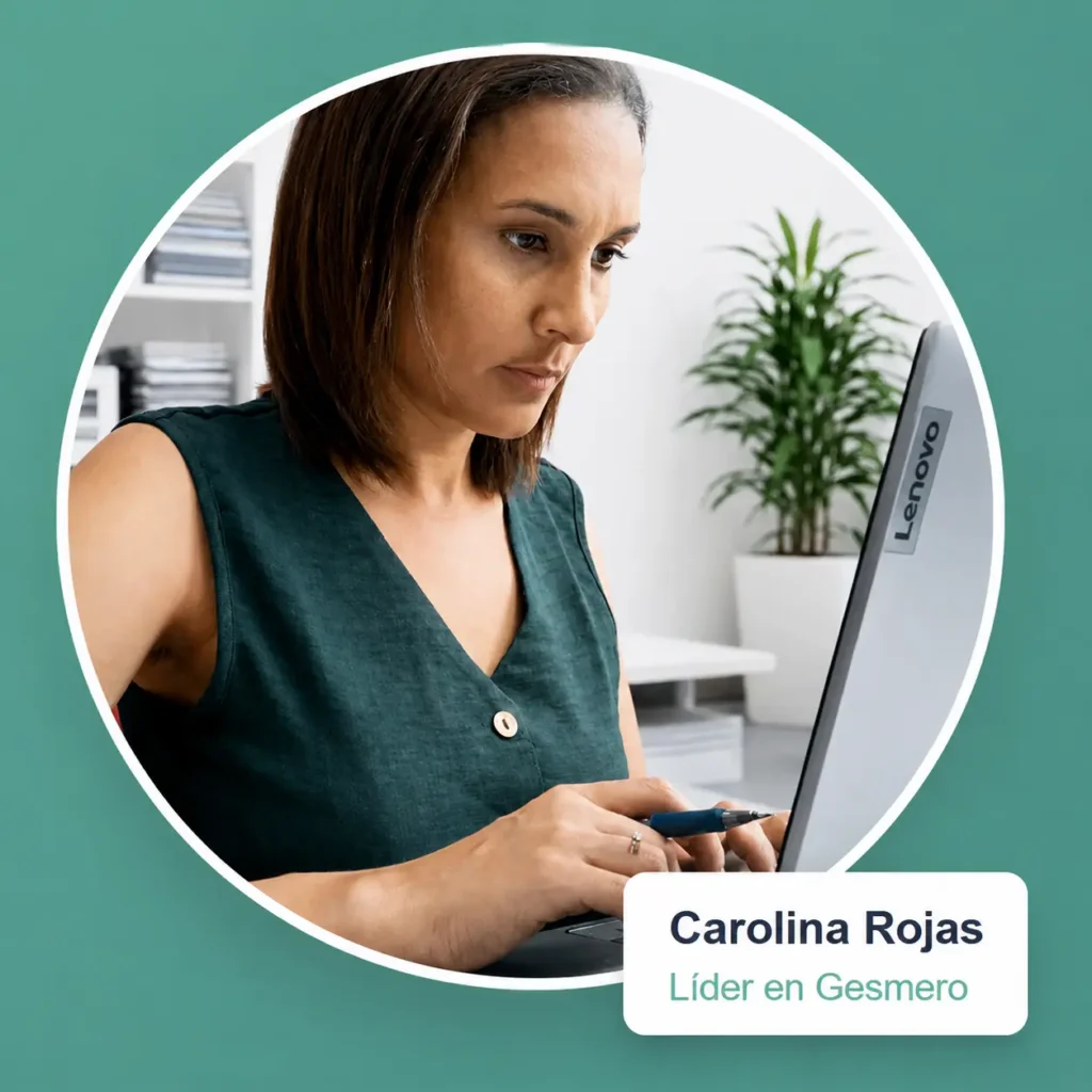 Carolina Rojas trabajando en Gesmero, especializada en gestión administrativa para estancos, digitalización, control operativo y acompañamiento empresarial.