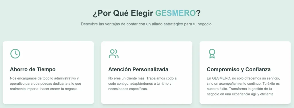 Imagen corporativa de Gesmero destacando su filosofía de trabajo basada en atención personalizada, confianza, ahorro de tiempo y acompañamiento profesional para empresas y estancos.