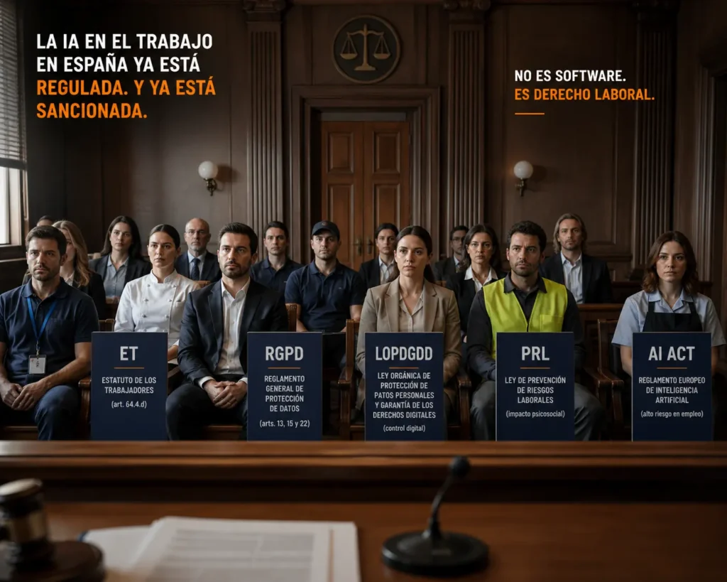 “Escena de sala de juzgado con trabajador rodeado de normas (ET, RGPD, PRL y AI Act) representando el marco legal de la inteligencia artificial en el trabajo en España”