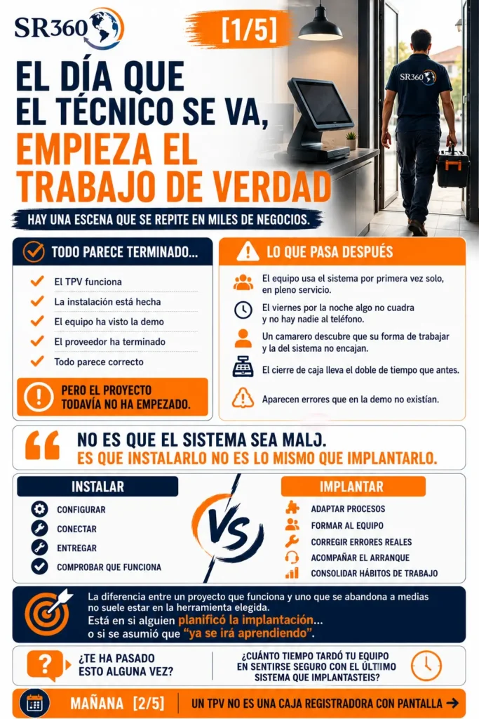 Diferencia entre instalar e implantar tecnología en un negocio. La instalación termina cuando el sistema funciona; la implantación empieza cuando el equipo debe utilizarlo en la operativa real.
