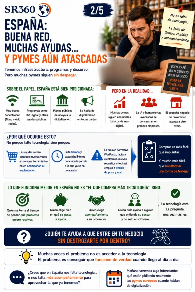 Análisis de las dificultades de adopción tecnológica en las pymes españolas pese a las ayudas públicas y la buena infraestructura digital.