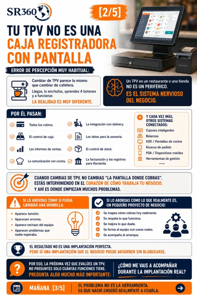 Explicación del TPV como sistema central del negocio, conectado con ventas, caja, stock, facturación, cocina, delivery y otros procesos operativos.