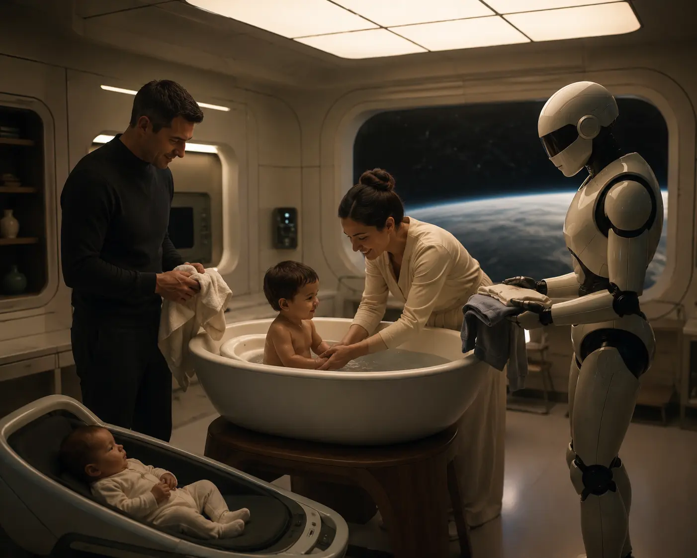 Escena futurista en un entorno doméstico donde una familia cuida a un bebé mientras un robot humanoide observa y colabora en segundo plano. La imagen representa la convivencia entre personas y tecnología, y refleja el debate sobre adopción, miedo, integración y convivencia real entre IA y seres humanos dentro de la vida cotidiana y los entornos de trabajo.