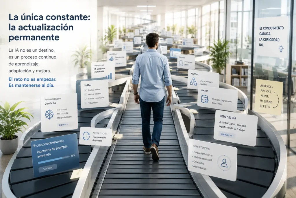 Imagen conceptual sobre aprendizaje continuo y actualización permanente en inteligencia artificial, mostrando a un profesional avanzando entre flujos de información, modelos y tareas digitales en un entorno de oficina moderno que simboliza la necesidad constante de adaptación en el trabajo en 2026.