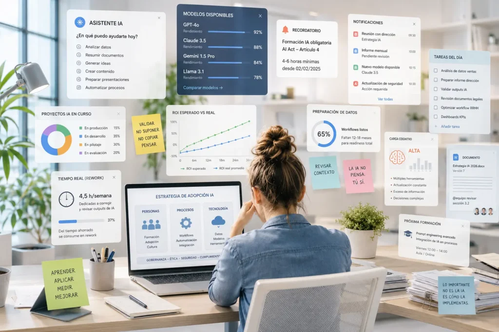 Profesional trabajando en un entorno moderno rodeado de herramientas de inteligencia artificial, dashboards y notificaciones digitales que representan la carga cognitiva, el aprendizaje continuo y la adaptación constante que exige la IA en empresas en 2026.