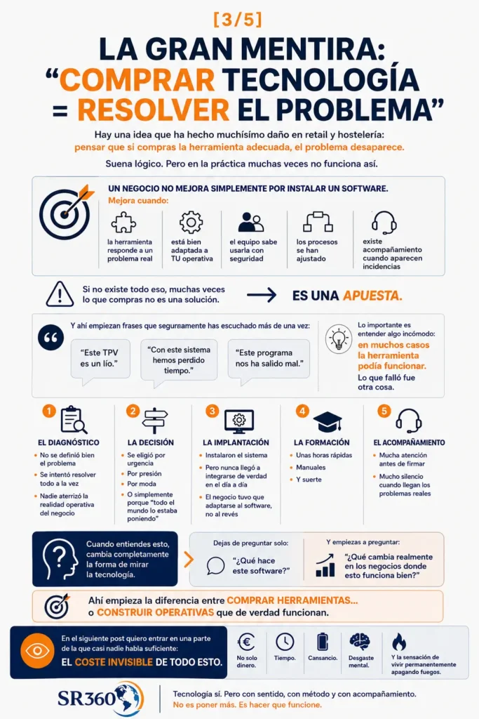 Infografía SR360 sobre el error de pensar que comprar tecnología resuelve automáticamente los problemas en retail y hostelería