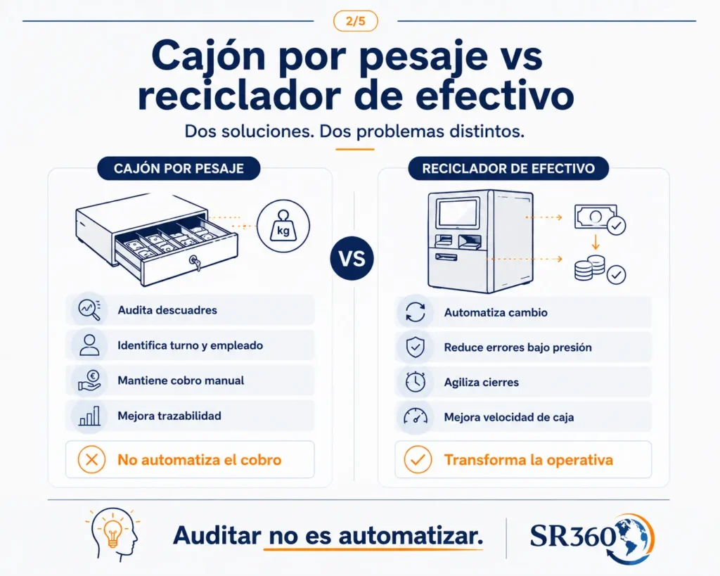 “Comparativa entre cajón inteligente por pesaje y reciclador de efectivo: diferencias entre auditoría de descuadres y automatización real del cobro en retail y hostelería.”