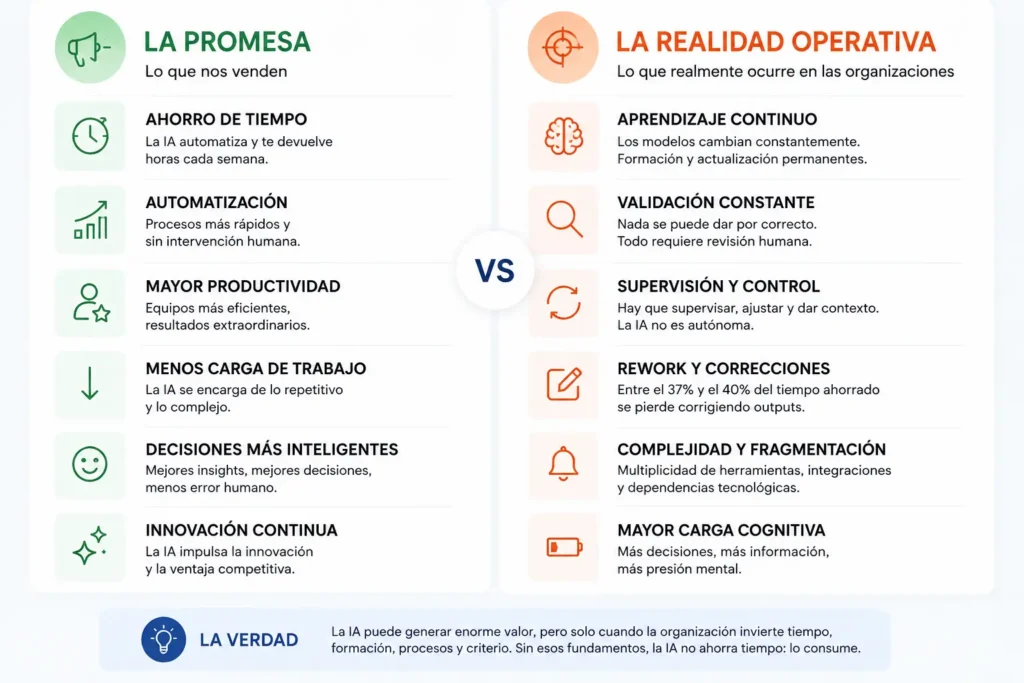 Infografía comparativa sobre la promesa de la inteligencia artificial frente a la realidad operativa en empresas en 2026, mostrando diferencias entre automatización y productividad prometidas frente a aprendizaje continuo, supervisión humana, rework, complejidad y carga cognitiva real.