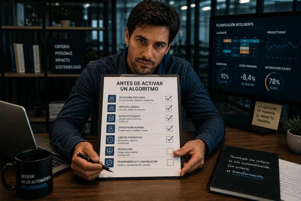 “Profesional revisando un checklist antes de activar un sistema de IA en el trabajo, señalando decisiones sobre turnos, productividad y control humano”