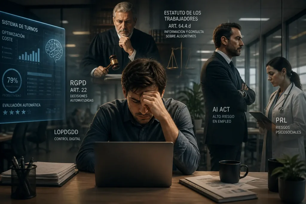 “Trabajador en una sala de juzgado rodeado de normas laborales y de protección de datos que representan la regulación de la inteligencia artificial en el trabajo en España”