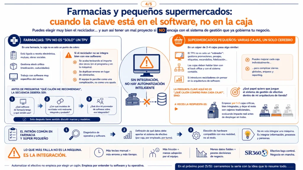 “Integración de recicladores de efectivo con software TPV en farmacias y pequeños supermercados para evitar errores, duplicidades y mala adopción.”