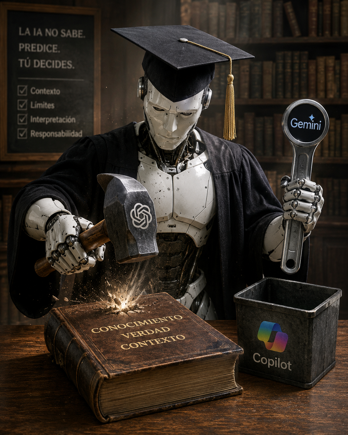 Ilustración conceptual sobre inteligencia artificial y criterio humano. Un robot vestido con toga y birrete golpea un gran libro antiguo con un martillo marcado con el símbolo de OpenAI mientras sostiene una herramienta con el logo de Gemini. En la escena aparecen referencias visuales a Copilot, contexto, límites, interpretación y responsabilidad. La imagen representa cómo los modelos de IA trabajan sobre patrones y probabilidades, pero necesitan supervisión humana, criterio y contexto para utilizarse de forma consciente y responsable.