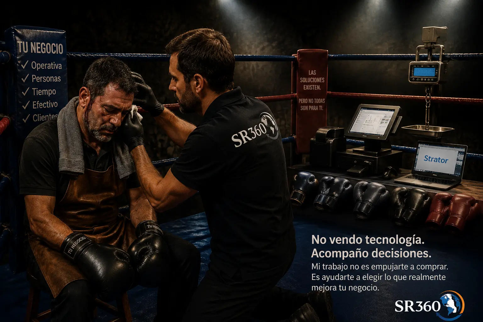“Ilustración conceptual de un boxeador siendo asistido en el ring por un profesional de SR360, representando el acompañamiento operativo, la estrategia y el soporte real al negocio frente a los retos del retail y la hostelería.”