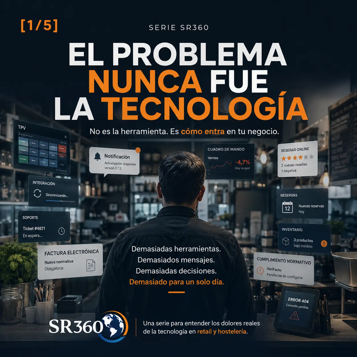 Pequeño negocio de retail y hostelería rodeado de herramientas digitales, automatización y presión