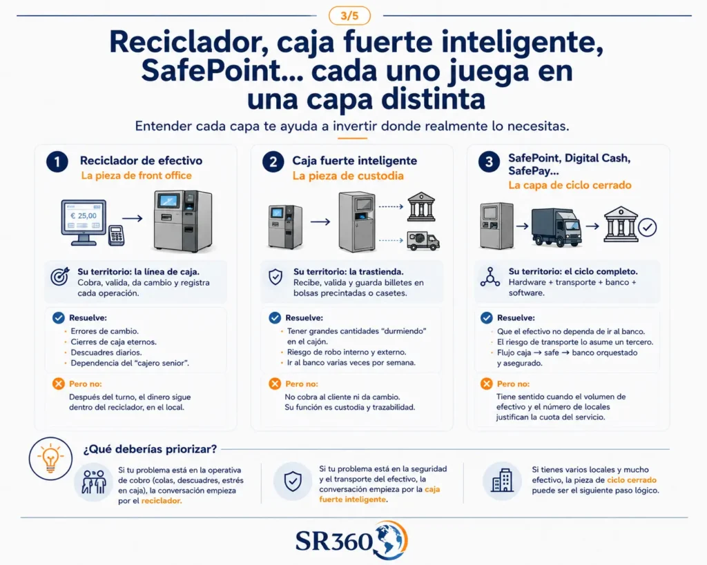 “Diferencias entre reciclador de efectivo, caja fuerte inteligente y sistema de ciclo cerrado en negocios retail y hostelería con alta gestión de efectivo.”