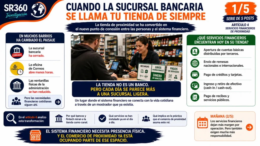Infografía sobre cómo el comercio de proximidad está asumiendo servicios financieros tras el cierre de sucursales bancarias, con ejemplos como remesas, pagos, cash-in, cash-out y cuentas básicas.