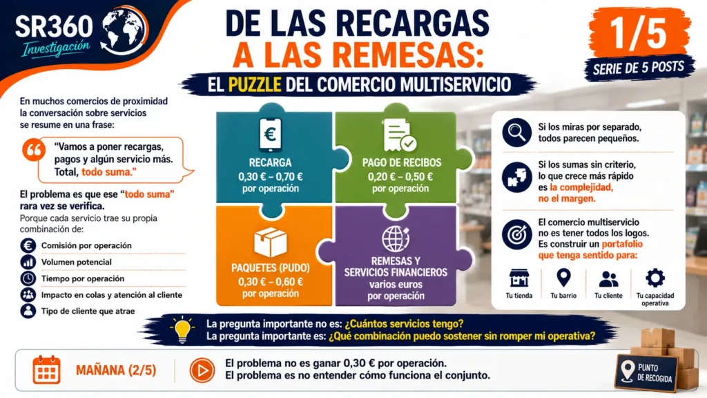 Infografía SR360 sobre comercio multiservicio que explica cómo combinar recargas, pago de recibos, PUDO y remesas según la capacidad operativa del comercio. Serie de 5 publicaciones (1/5).