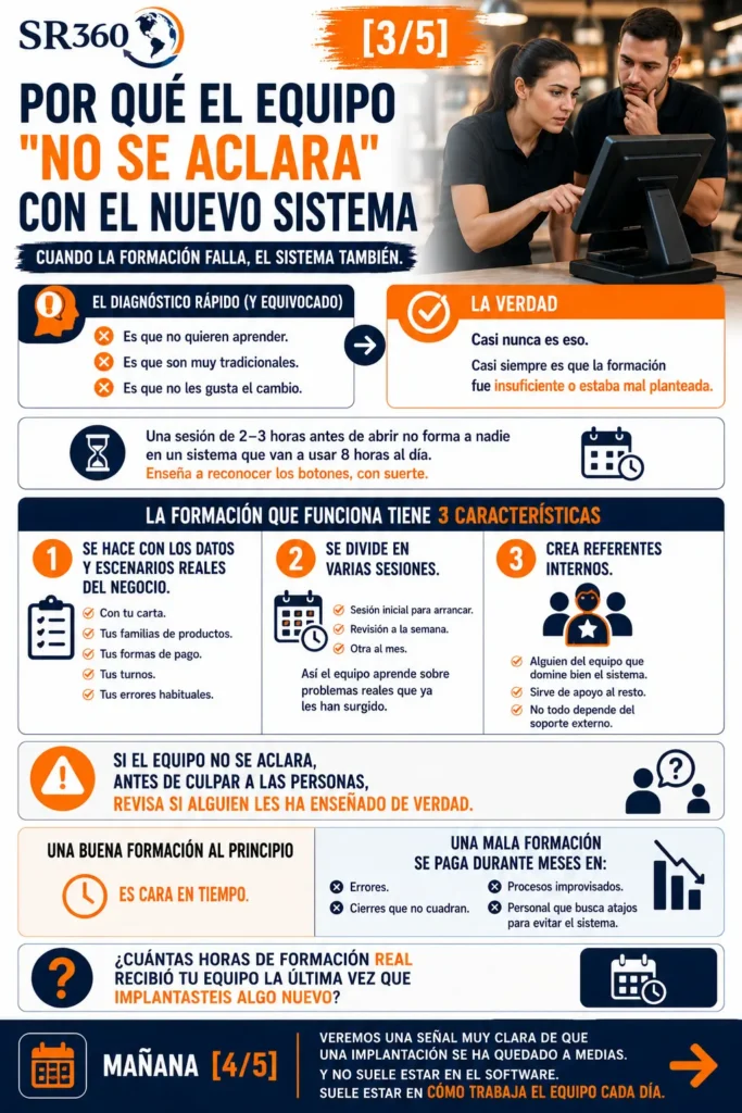 Importancia de la formación práctica y continuada durante una implantación tecnológica para evitar errores, rechazo al cambio y problemas operativos.