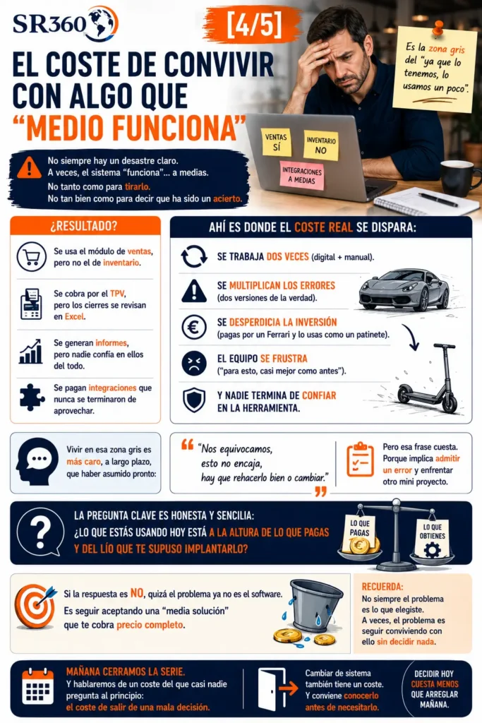 Consecuencias de mantener sistemas parcialmente implantados: doble trabajo, errores, pérdida de confianza y desaprovechamiento de la inversión tecnológica.