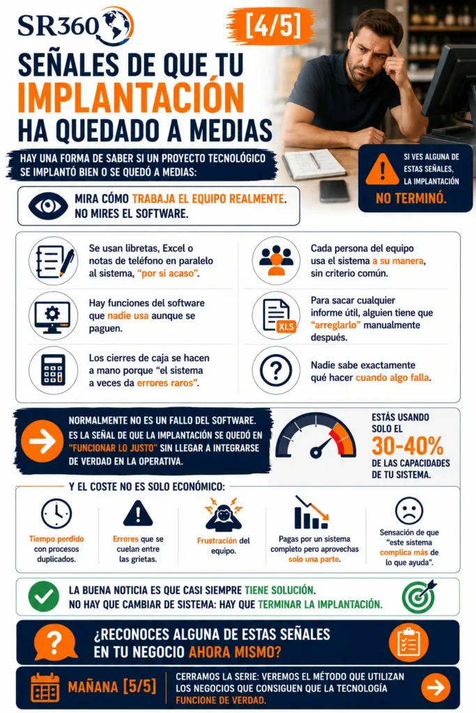 Indicadores de una implantación incompleta: uso de Excel paralelo, procesos manuales, funciones desaprovechadas, errores recurrentes y baja adopción del sistema.