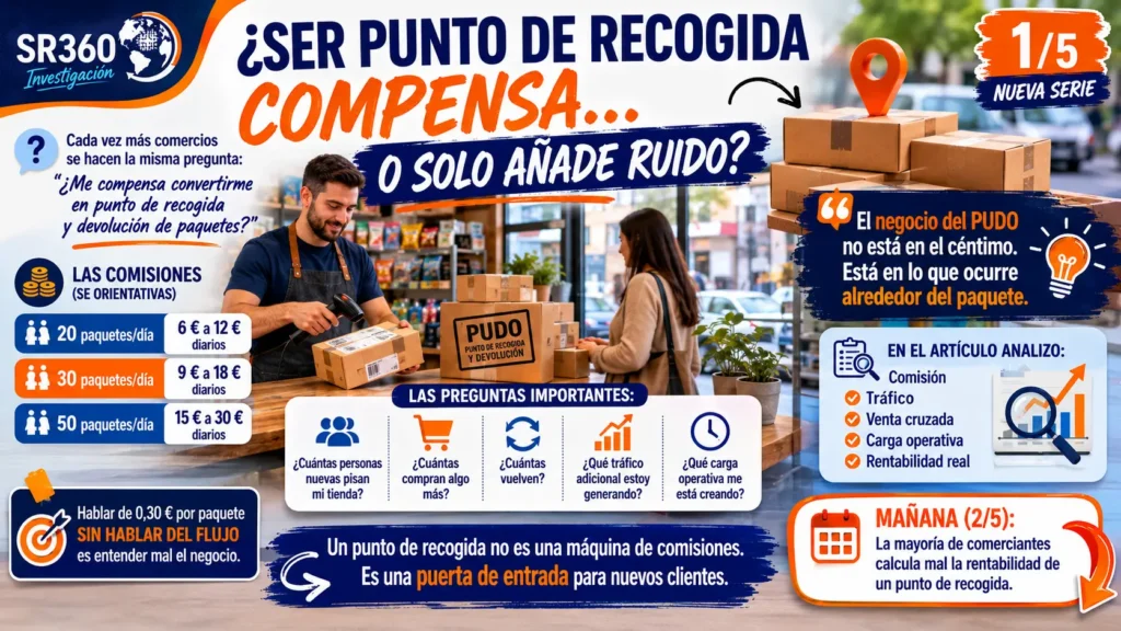 Infografía sobre la rentabilidad de un punto de recogida (PUDO) en comercios. Analiza comisiones por paquete, tráfico de clientes, venta cruzada, carga operativa y los factores que determinan si el servicio compensa realmente.