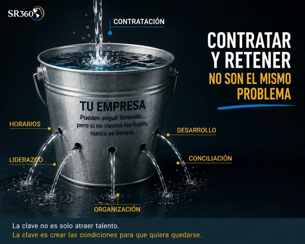 Infografía sobre rotación de personal en retail y hostelería. Un cubo se llena mediante nuevas contrataciones mientras pierde agua por fugas relacionadas con liderazgo, horarios, organización, desarrollo y conciliación, mostrando que contratar y retener no son el mismo problema.