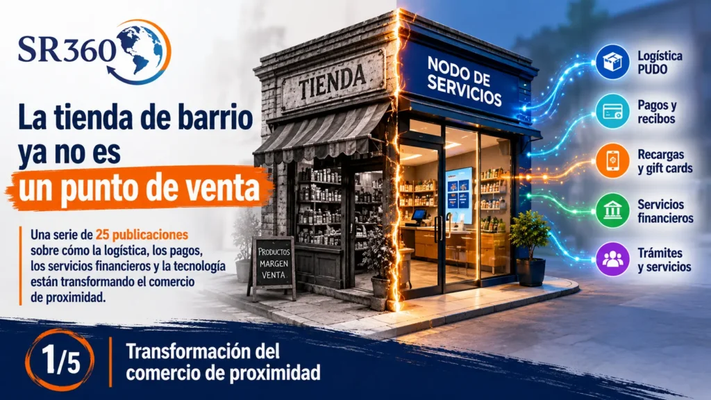 Ilustración de la transformación del comercio de proximidad: una tienda de barrio convertida en un nodo de servicios con logística, pagos, recargas y servicios financieros.