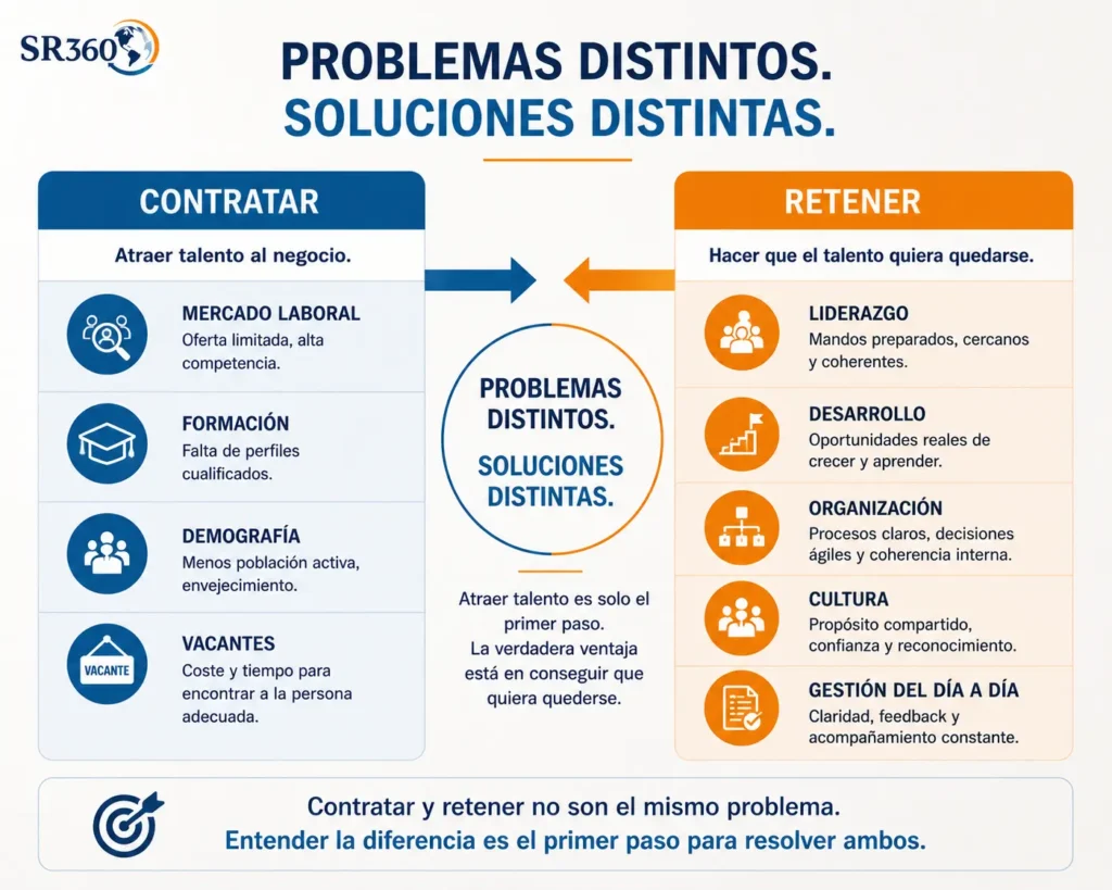 Infografía sobre gestión de personas en retail, hostelería y servicios que compara los factores que influyen en la contratación y la retención. Muestra que contratar y retener son problemas distintos que requieren soluciones diferentes.