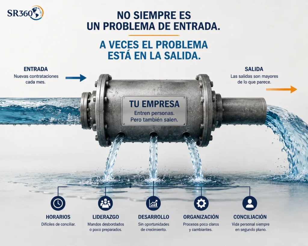 Infografía sobre rotación laboral y retención de personal en retail, hostelería y servicios. Una tubería muestra la entrada de nuevos trabajadores y la salida continua de empleados, representando que contratar y retener son problemas distintos.