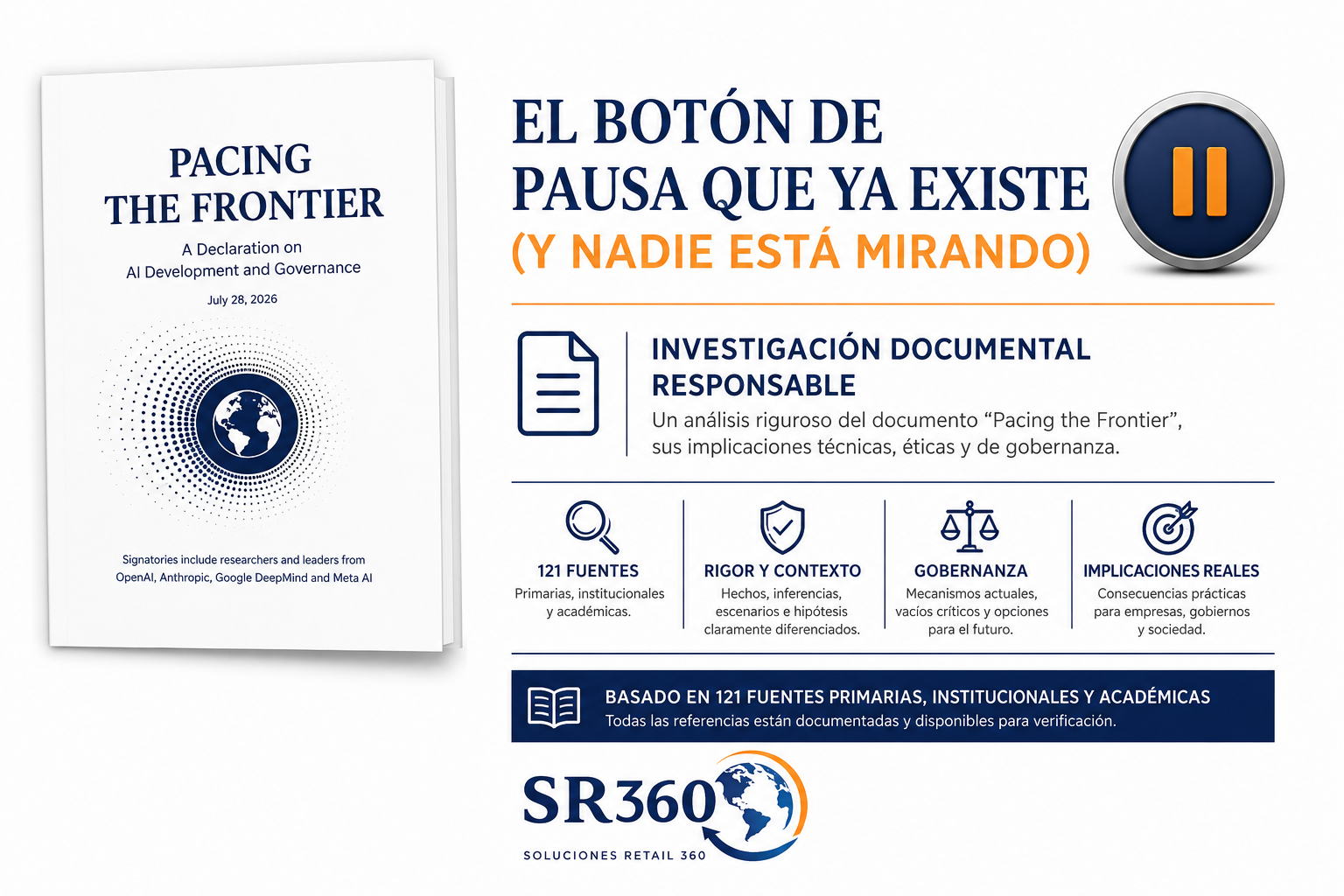 Portada de la investigación documental "Pacing the Frontier: El botón de pausa que ya existe (y nadie está mirando)" de Soluciones Retail 360 sobre gobernanza de la inteligencia artificial.