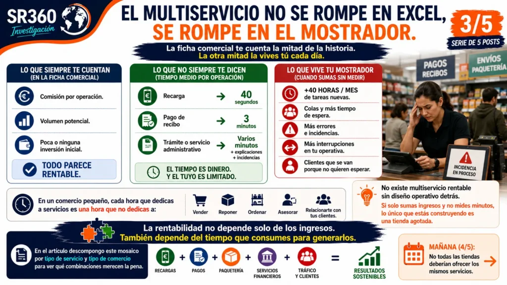 Infografía SR360 que muestra cómo el tiempo por operación, las colas y la carga operativa determinan la rentabilidad real del comercio multiservicio. Serie de 5 publicaciones (3/5).