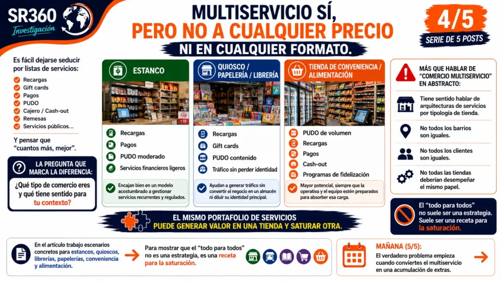 Infografía SR360 que compara la combinación de servicios adecuada para estancos, quioscos, papelerías y tiendas de conveniencia, mostrando que no existe un modelo multiservicio válido para todos. Serie de 5 publicaciones (4/5).