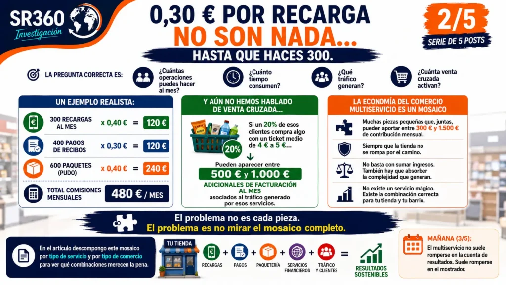 Infografía SR360 que explica por qué la comisión por operación debe analizarse junto al volumen, las ventas cruzadas y el conjunto de servicios del comercio multiservicio. Serie de 5 publicaciones (2/5).