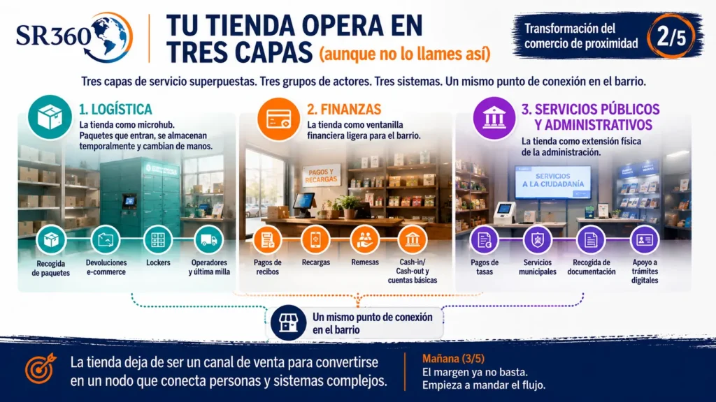 Diagrama de las tres capas del comercio de proximidad: actividad principal, servicios complementarios y tecnología, mostrando cómo su integración mejora la rentabilidad y la competitividad de la tienda.