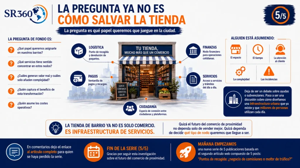 Ilustración que plantea la evolución del comercio de proximidad, mostrando que el reto ya no es salvar la tienda, sino redefinir su papel mediante nuevos servicios, tecnología y un modelo de negocio sostenible.