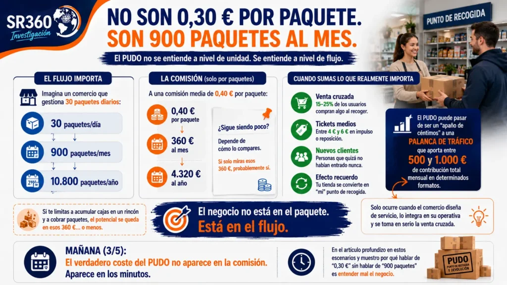 Infografía sobre la rentabilidad de un punto de recogida (PUDO) basada en el flujo de paquetes. Analiza el impacto del volumen mensual, las comisiones, la venta cruzada, el aumento del tráfico y la contribución del servicio al negocio más allá del pago por paquete.