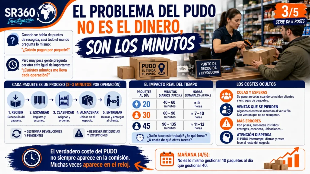 Infografía sobre el impacto operativo de un punto de recogida (PUDO) en comercios. Analiza el tiempo necesario por paquete, las horas de trabajo según el volumen diario y los costes ocultos asociados, como colas, pérdida de ventas, errores y carga operativa.