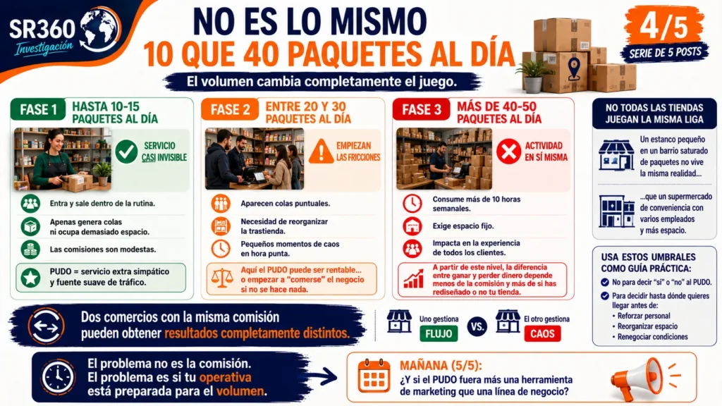 Infografía sobre la evolución operativa de un punto de recogida (PUDO) según el volumen de paquetes diarios. Analiza las diferencias entre gestionar 10, 30 y más de 40 paquetes al día, el impacto en la organización del comercio y la necesidad de adaptar la operativa para mantener la rentabilidad.