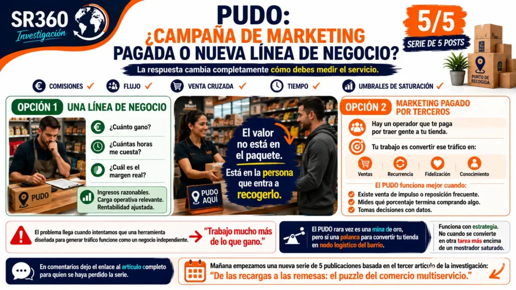 Infografía sobre la rentabilidad de un punto de recogida (PUDO) que compara su gestión como línea de negocio o como estrategia de marketing. Analiza el papel del tráfico generado, la venta cruzada, la carga operativa y la fidelización para maximizar el valor del servicio.