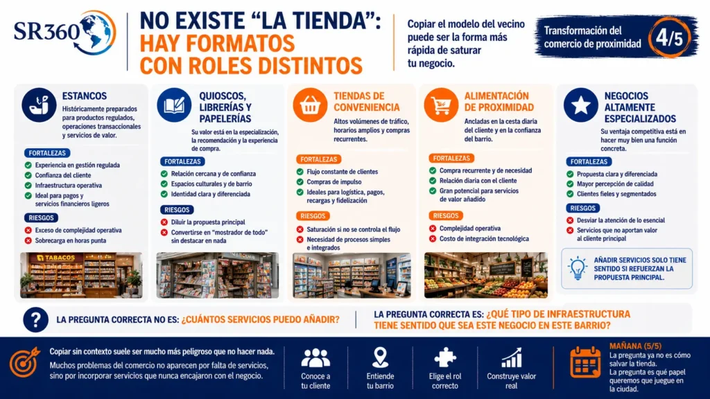 Comparativa de los distintos formatos del comercio de proximidad con sus fortalezas, riesgos y el papel que puede desempeñar cada negocio en su barrio.