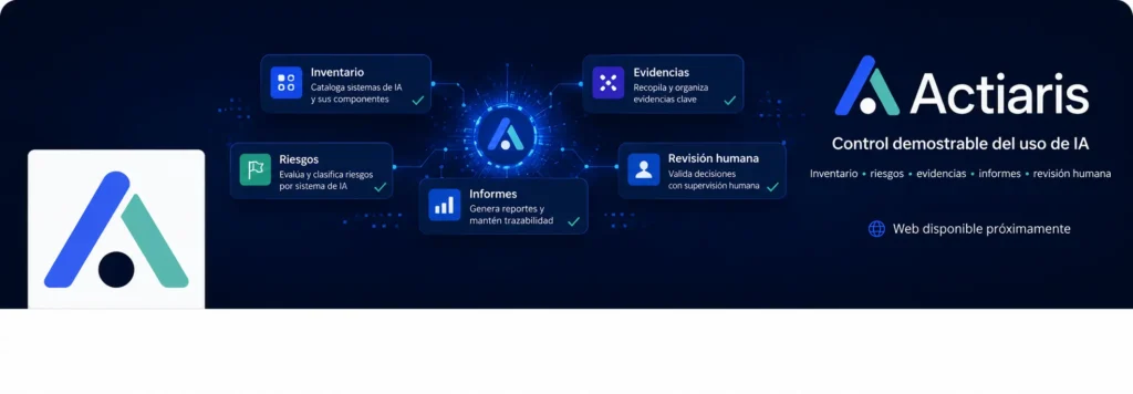 Banner de Actiaris sobre control demostrable del uso de inteligencia artificial, con inventario, riesgos, evidencias, informes y revisión humana.