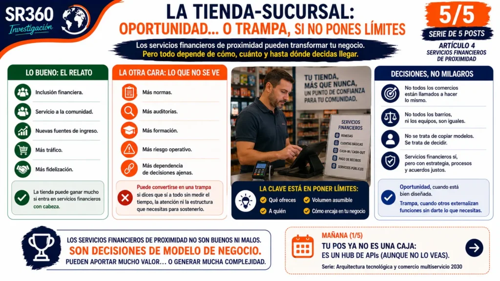 Infografía sobre las ventajas y riesgos de convertir un comercio en una sucursal ligera de servicios financieros, destacando la importancia de definir límites, procesos y estrategia de negocio.