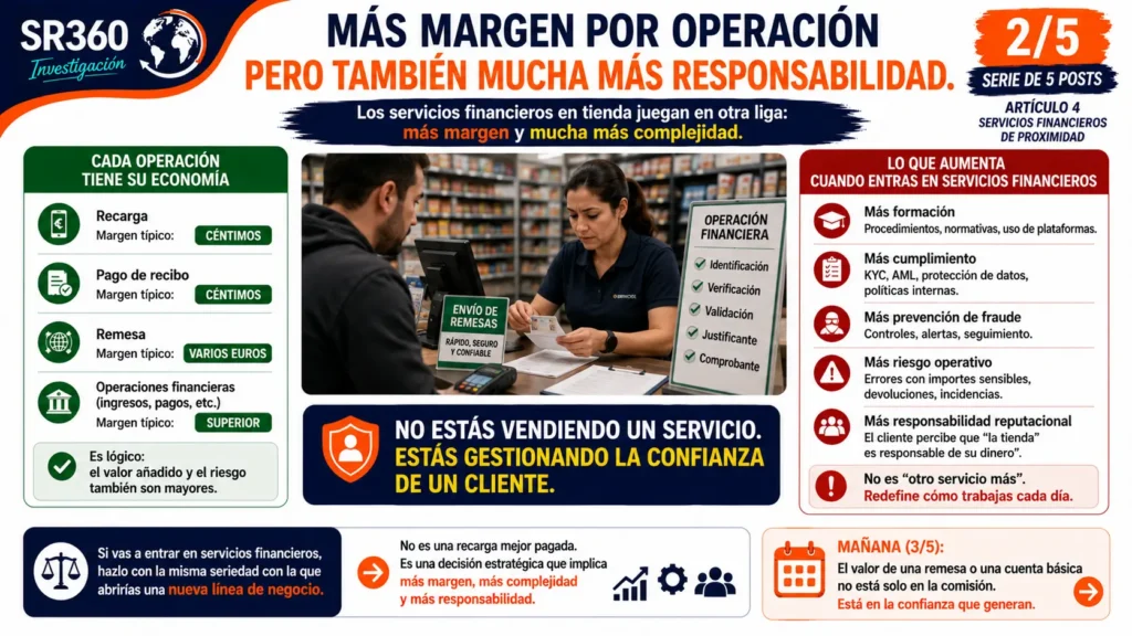 Infografía que explica cómo los servicios financieros en comercios generan más margen, pero también implican mayor responsabilidad, cumplimiento normativo, prevención del fraude y riesgo operativo.