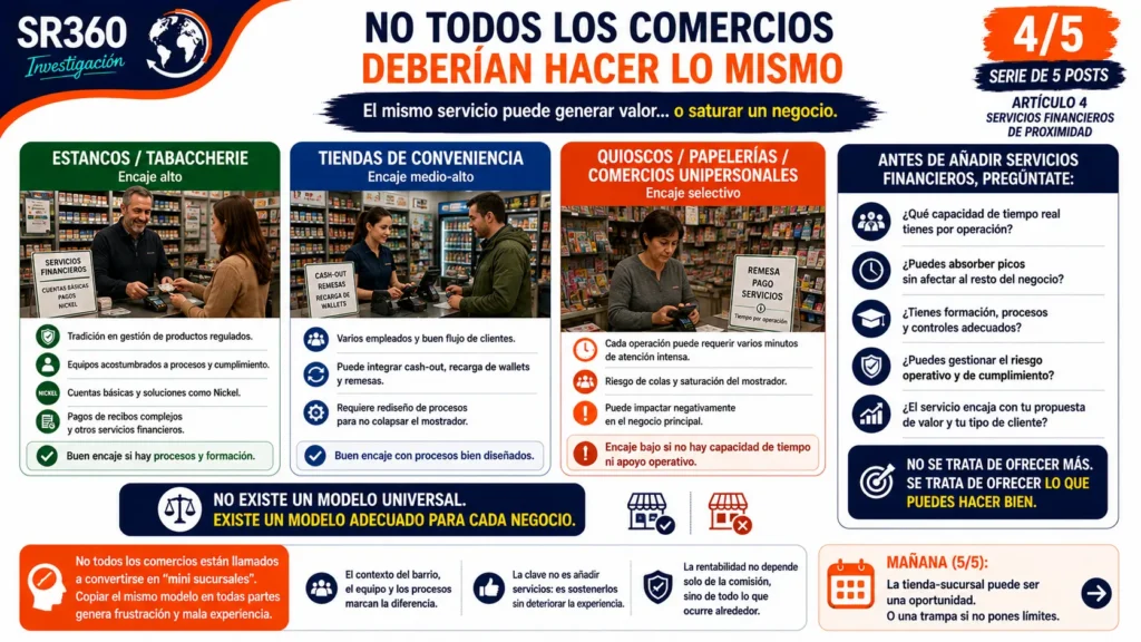Infografía que compara qué tipos de comercios están mejor preparados para ofrecer servicios financieros de proximidad y qué factores deben evaluarse antes de incorporarlos al negocio.