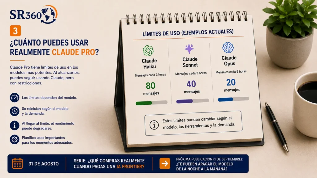 Calendario de sobremesa con ejemplos de límites de uso de Claude Pro según modelo, dentro de la serie sobre qué compras realmente al pagar una IA frontier.
